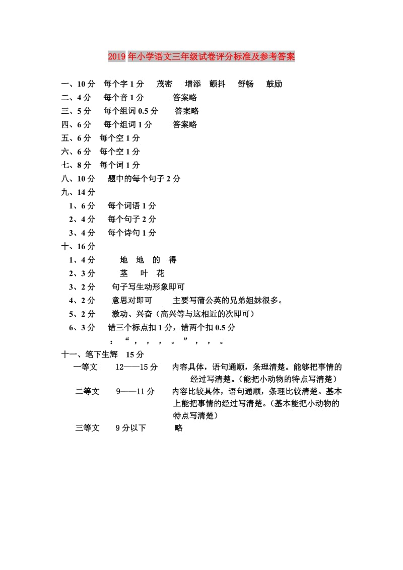 2019年小学语文三年级试卷评分标准及参考答案.doc_第1页