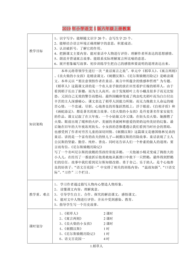 2019年小学语文S版六年级上册教案.doc_第1页