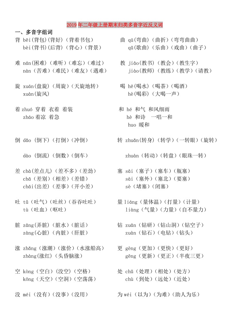 2019年二年级上册期末归类多音字近反义词.doc_第1页