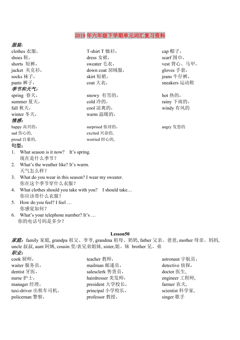 2019年六年级下学期单元词汇复习资料.doc_第1页