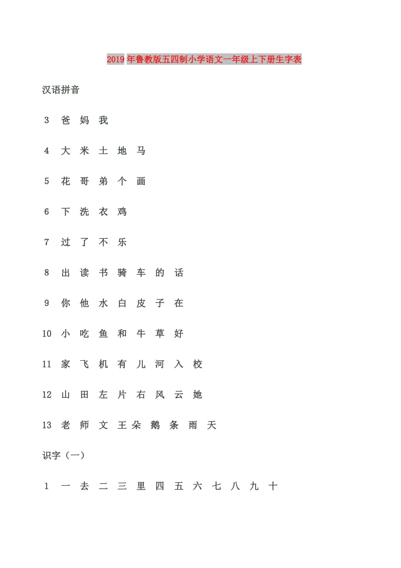 2019年鲁教版五四制小学语文一年级上下册生字表.doc_第1页