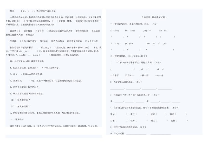 2019年六年级期中模拟试题.doc_第2页