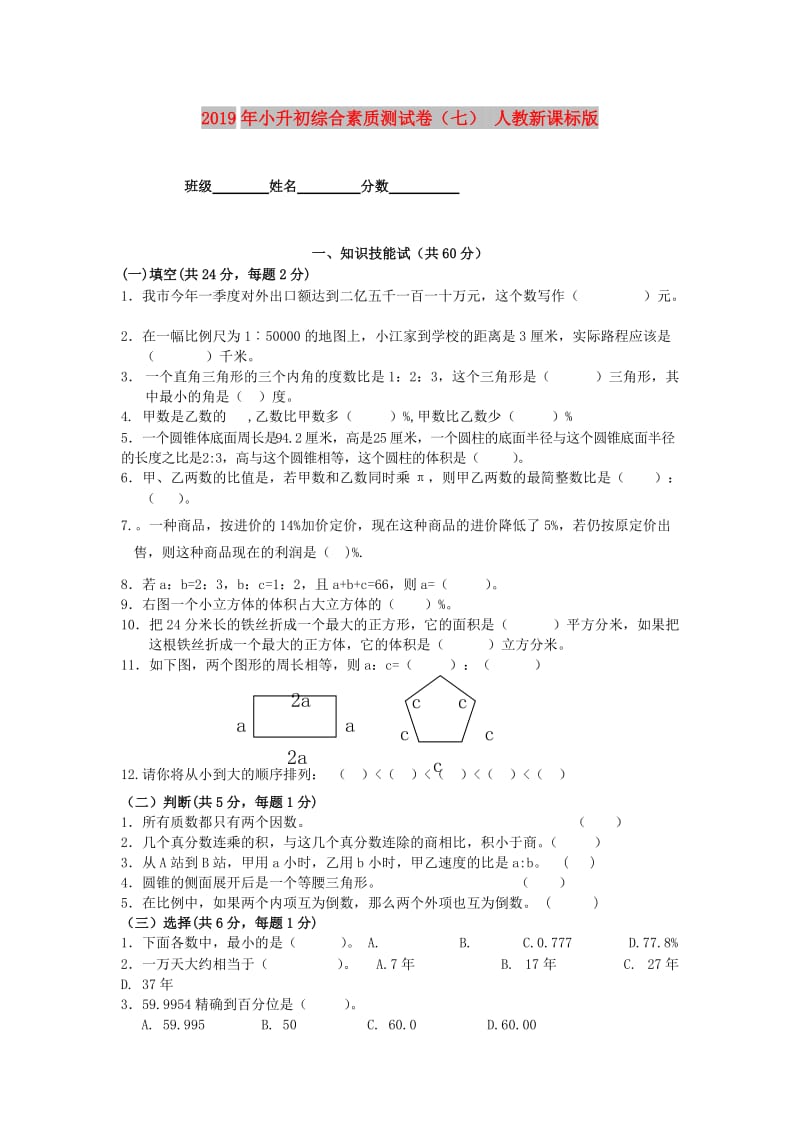 2019年小升初综合素质测试卷（七） 人教新课标版.doc_第1页