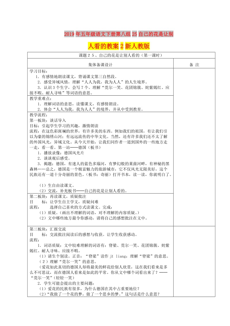 2019年五年级语文下册第八组25自己的花是让别人看的教案2新人教版.doc_第1页