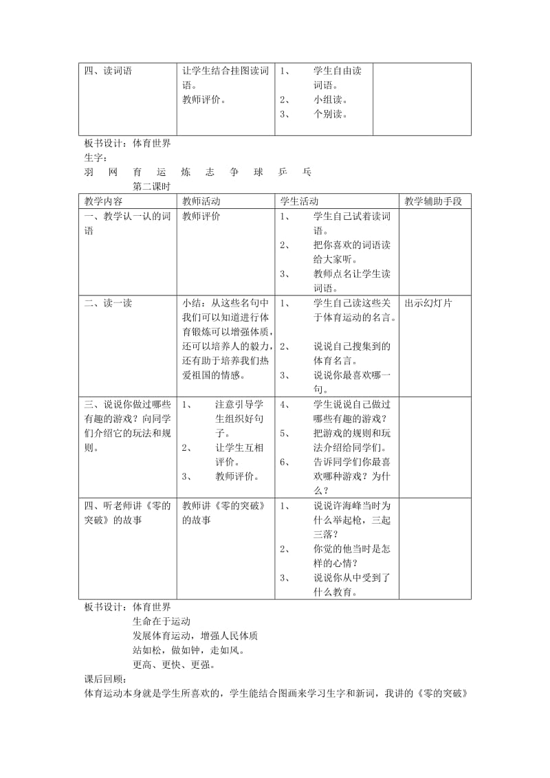 2019年二年级语文下册第09单元体育世界教案1北师大版.doc_第2页