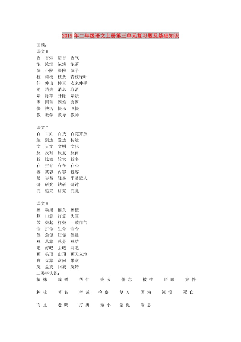 2019年二年级语文上册第三单元复习题及基础知识.doc_第1页