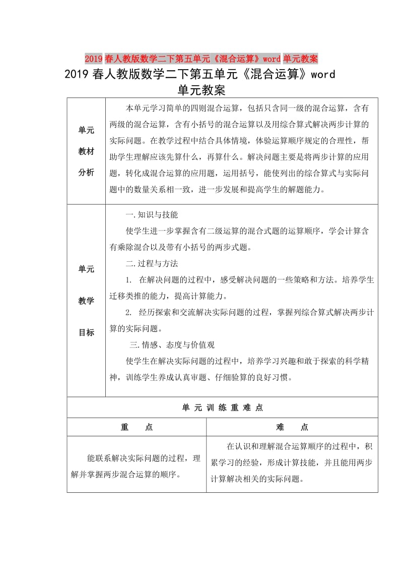 2019春人教版数学二下第五单元《混合运算》word单元教案.doc_第1页