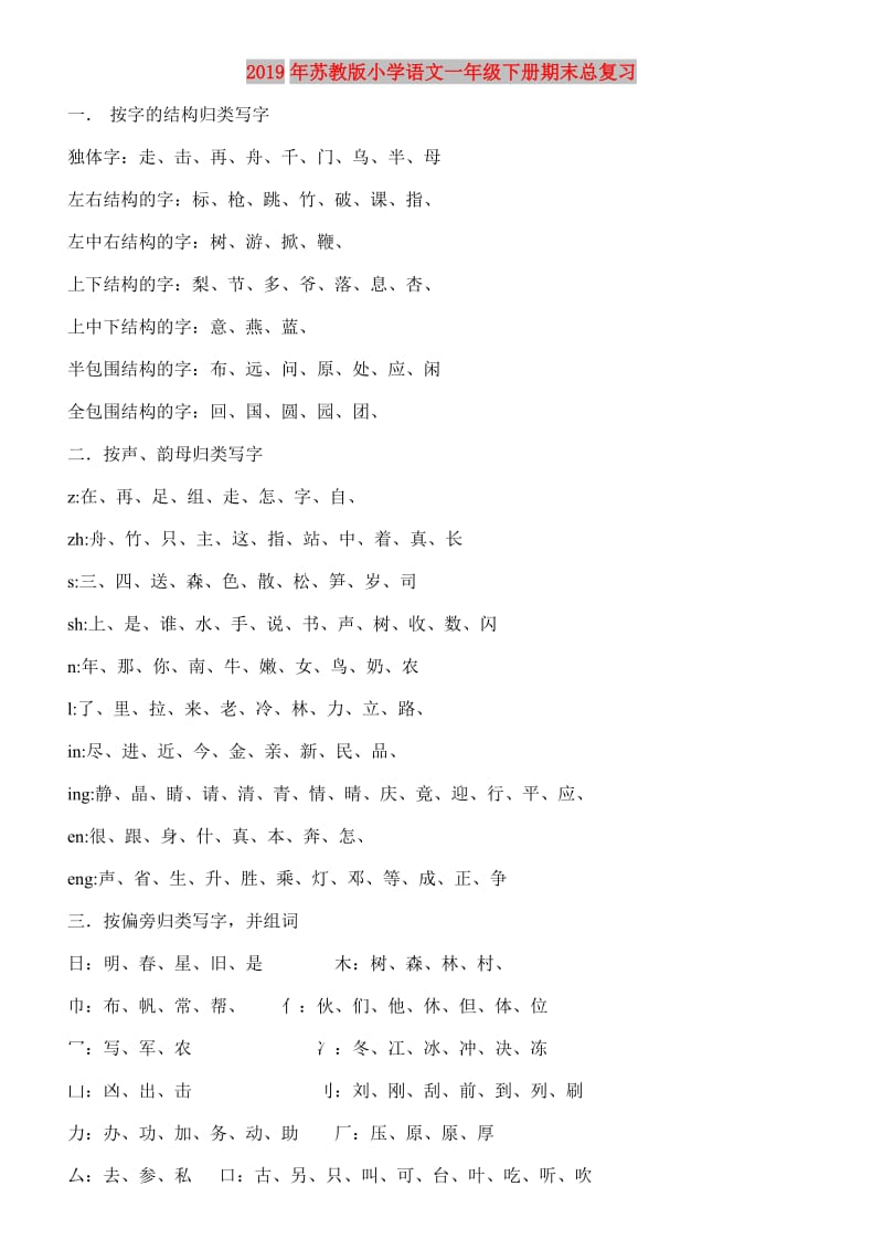 2019年苏教版小学语文一年级下册期末总复习.doc_第1页