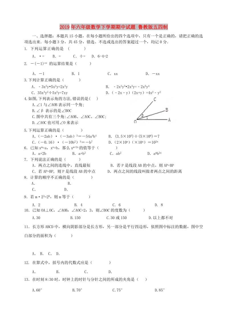 2019年六年级数学下学期期中试题 鲁教版五四制.doc_第1页