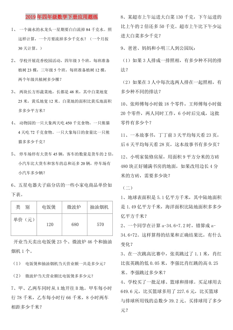 2019年四年级数学下册应用题练.doc_第1页