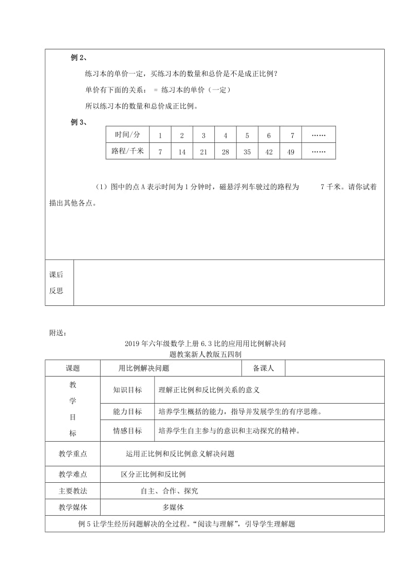 2019年六年级数学上册6.2正比例和反比例的意义正比例复习教案新人教版五四制.doc_第2页