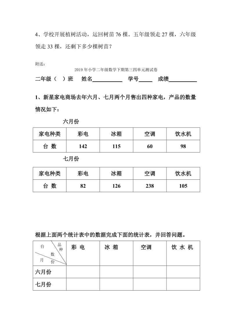 2019年小学二年级数学下学期期末模拟考试测试题.doc_第3页