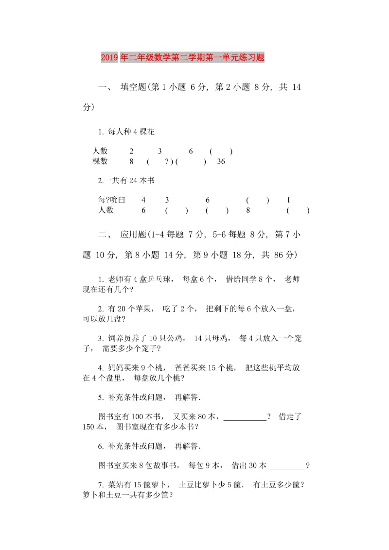 2019年二年级数学第二学期第一单元练习题.doc_第1页