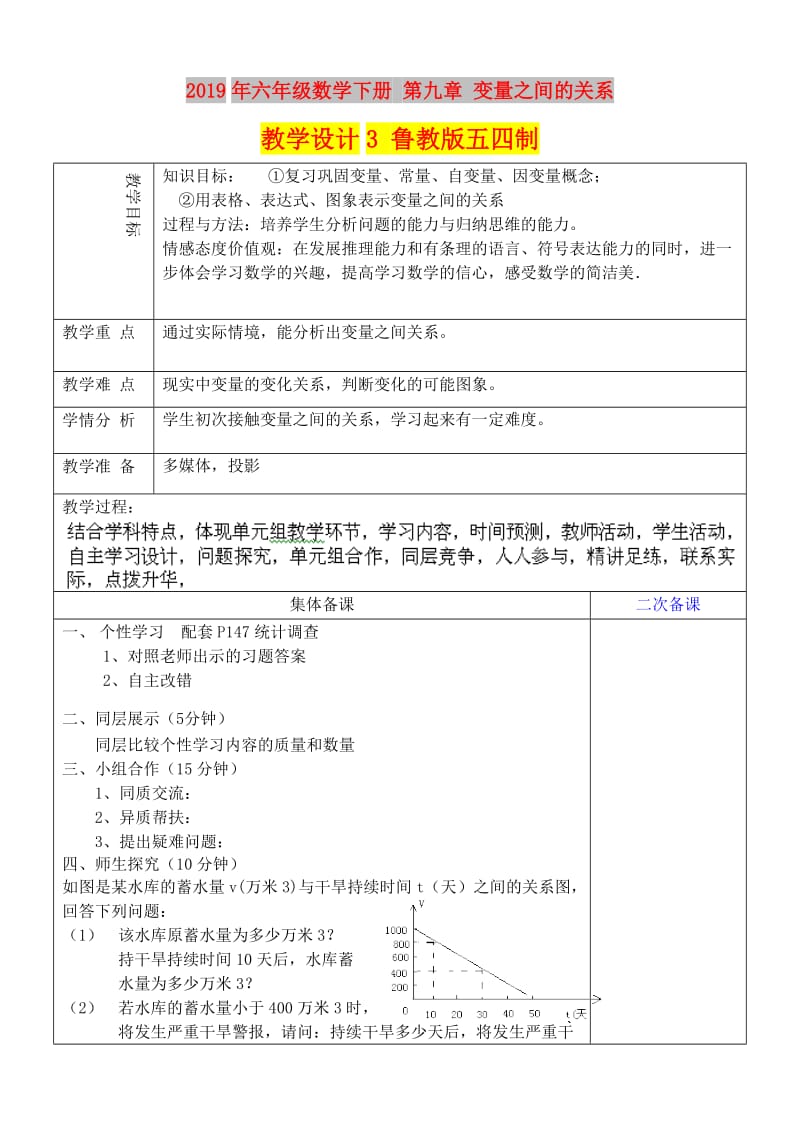 2019年六年级数学下册 第九章 变量之间的关系教学设计3 鲁教版五四制.doc_第1页