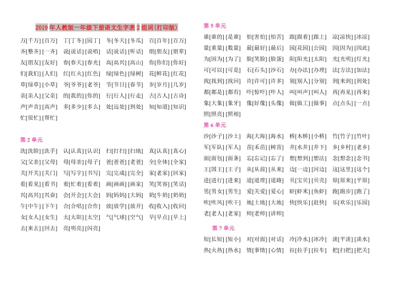 2019年人教版一年级下册语文生字表2组词(打印版).doc_第1页