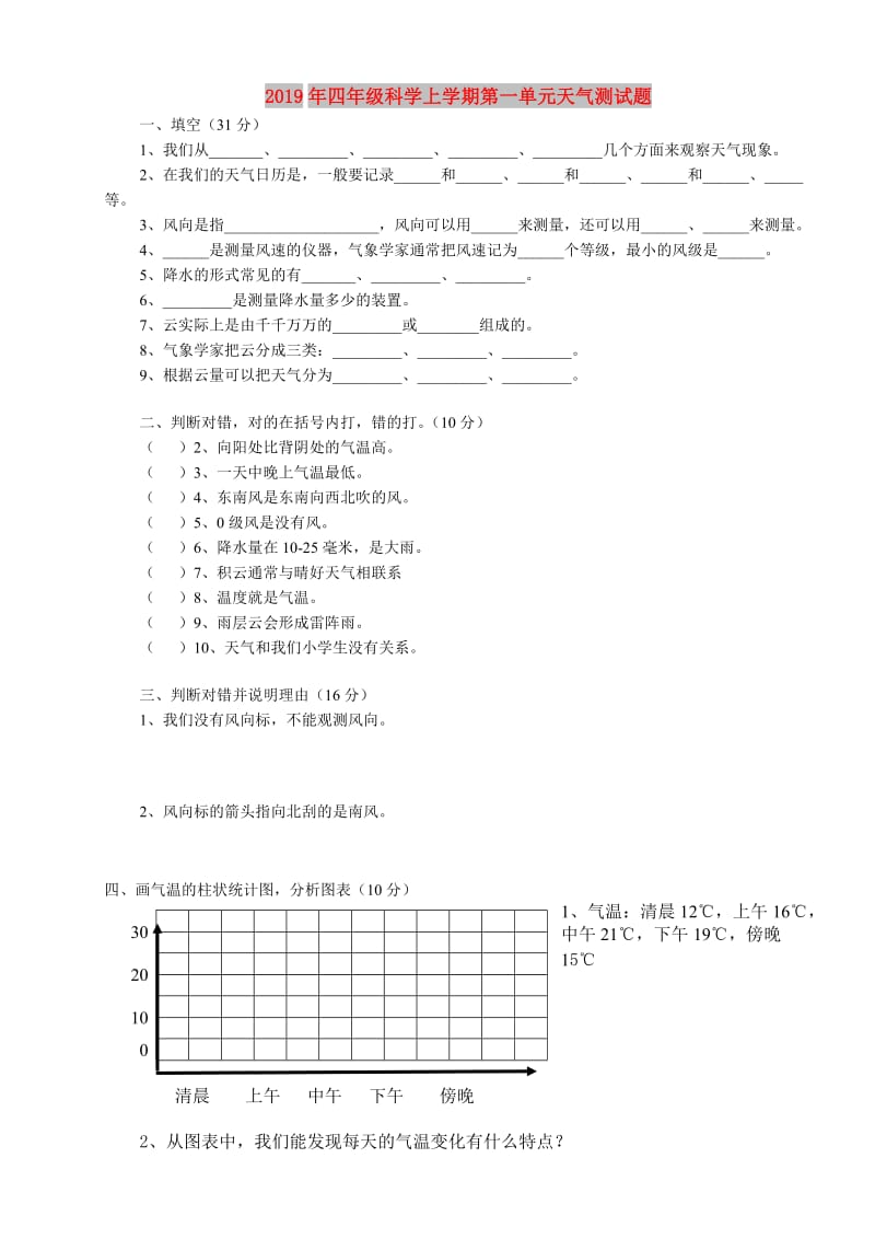 2019年四年级科学上学期第一单元天气测试题.doc_第1页