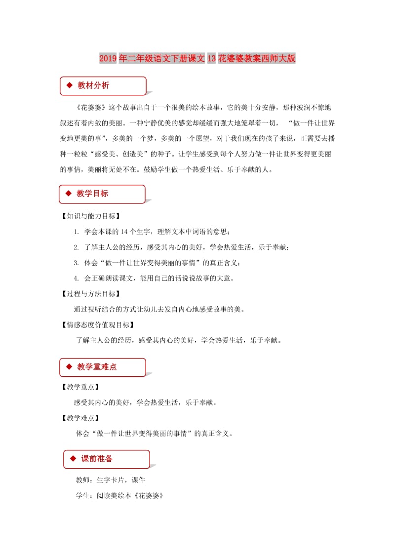 2019年二年级语文下册课文13花婆婆教案西师大版.doc_第1页