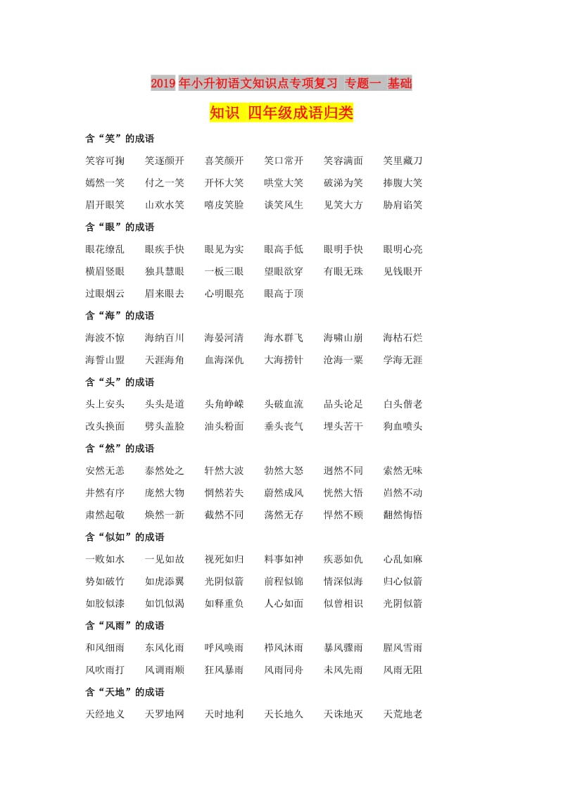 2019年小升初语文知识点专项复习 专题一 基础知识 四年级成语归类.doc_第1页