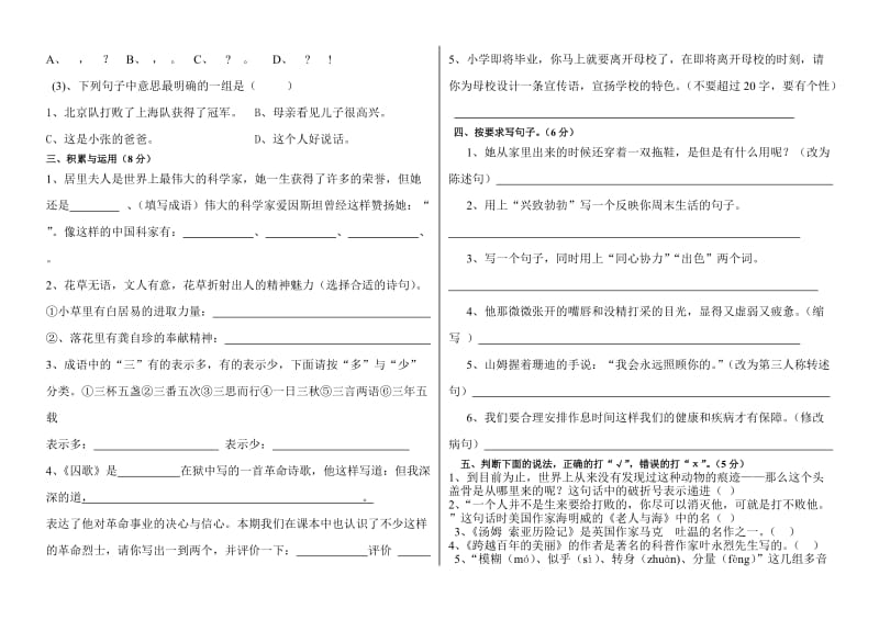 2019年实验小学六年级语文下册试题.doc_第2页