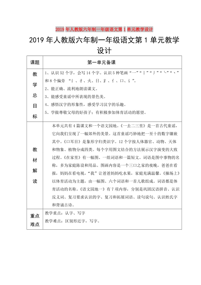 2019年人教版六年制一年级语文第1单元教学设计.doc_第1页