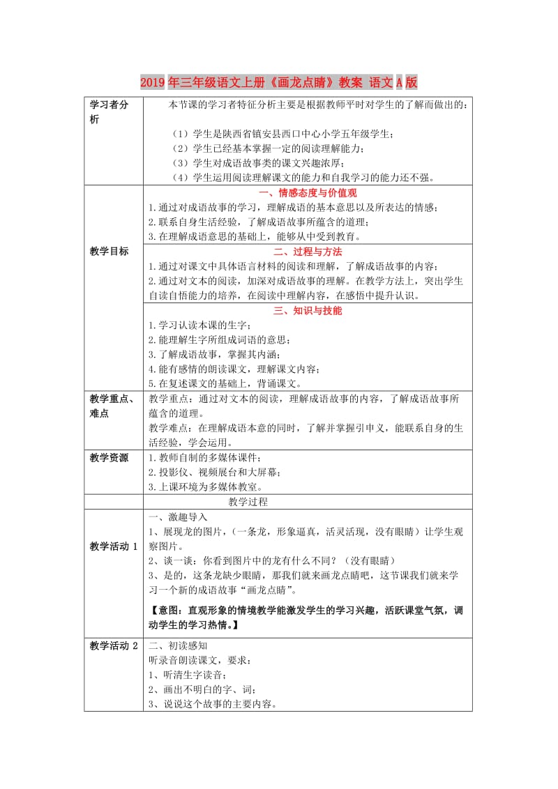 2019年三年级语文上册《画龙点睛》教案 语文A版 .doc_第1页