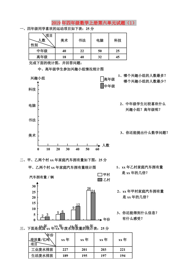 2019年四年级数学上册第六单元试题（1）.doc_第1页