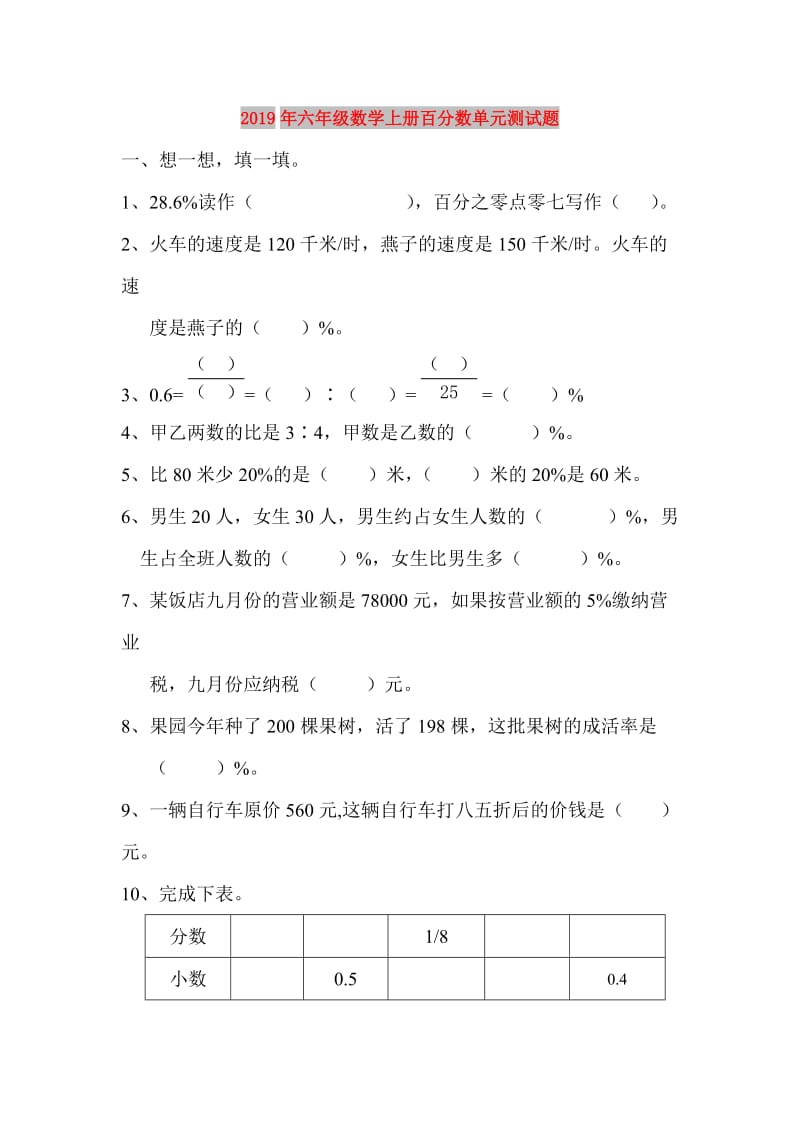 2019年六年级数学上册百分数单元测试题.doc_第1页