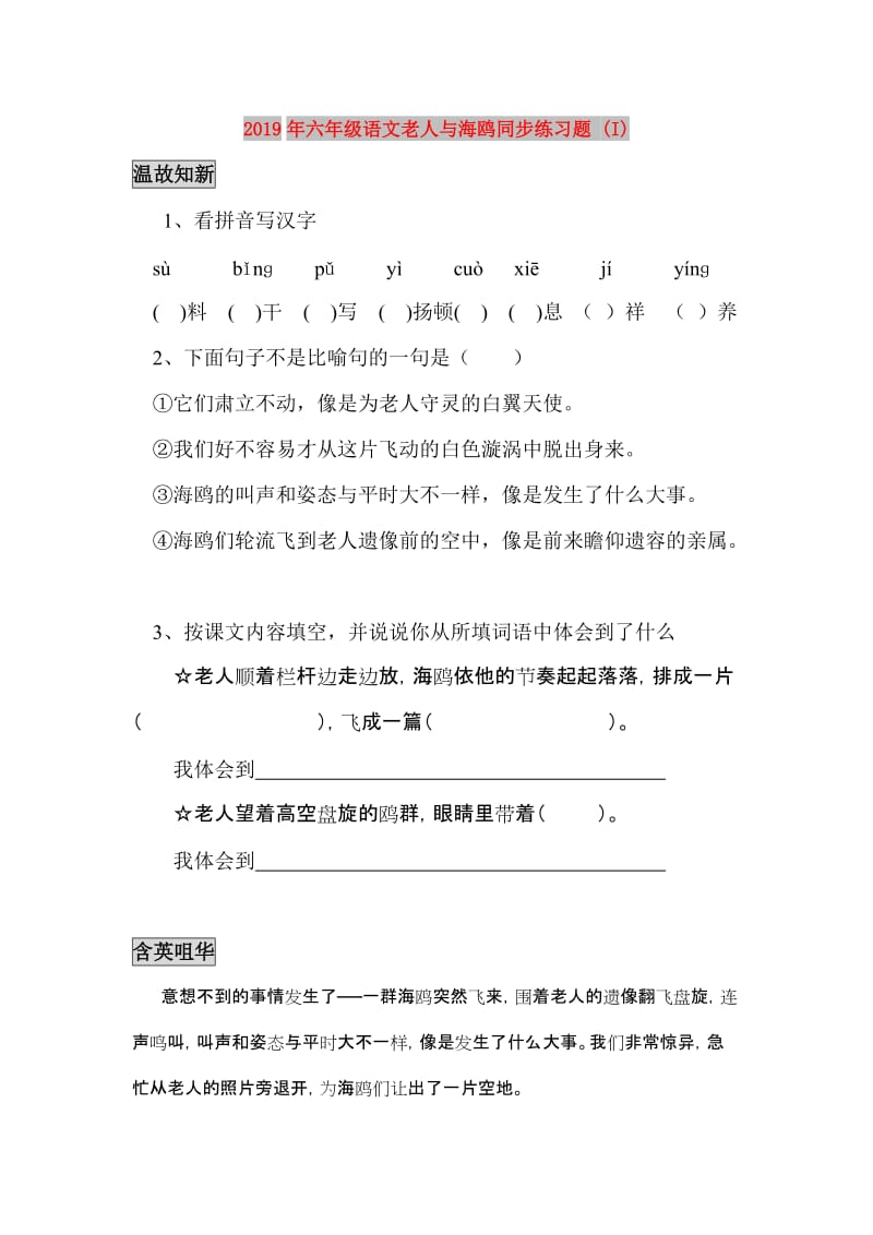 2019年六年级语文老人与海鸥同步练习题 (I).doc_第1页