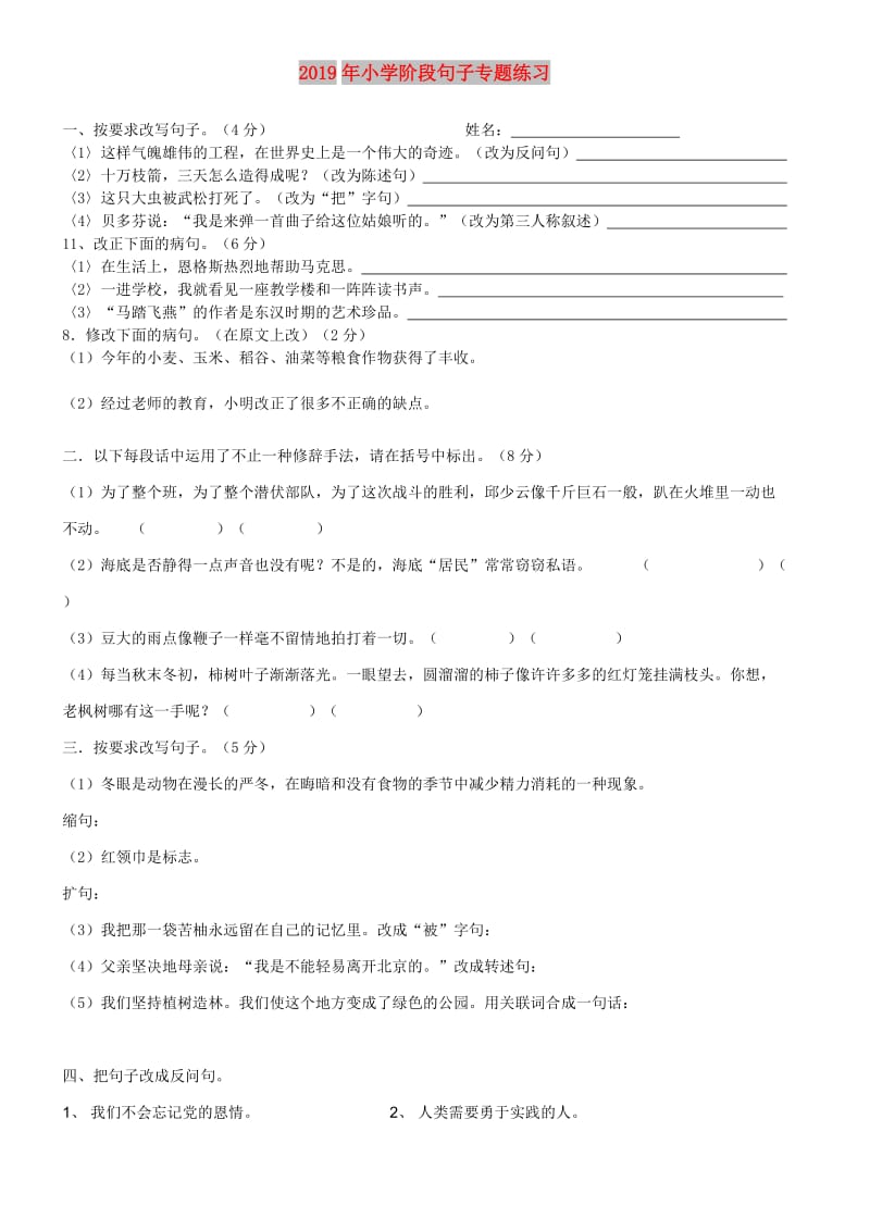 2019年小学阶段句子专题练习.doc_第1页