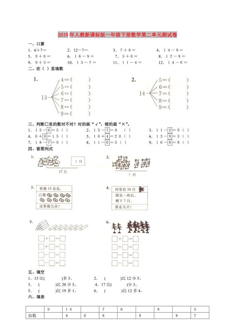 2019年人教新课标版一年级下册数学第二单元测试卷.doc_第1页