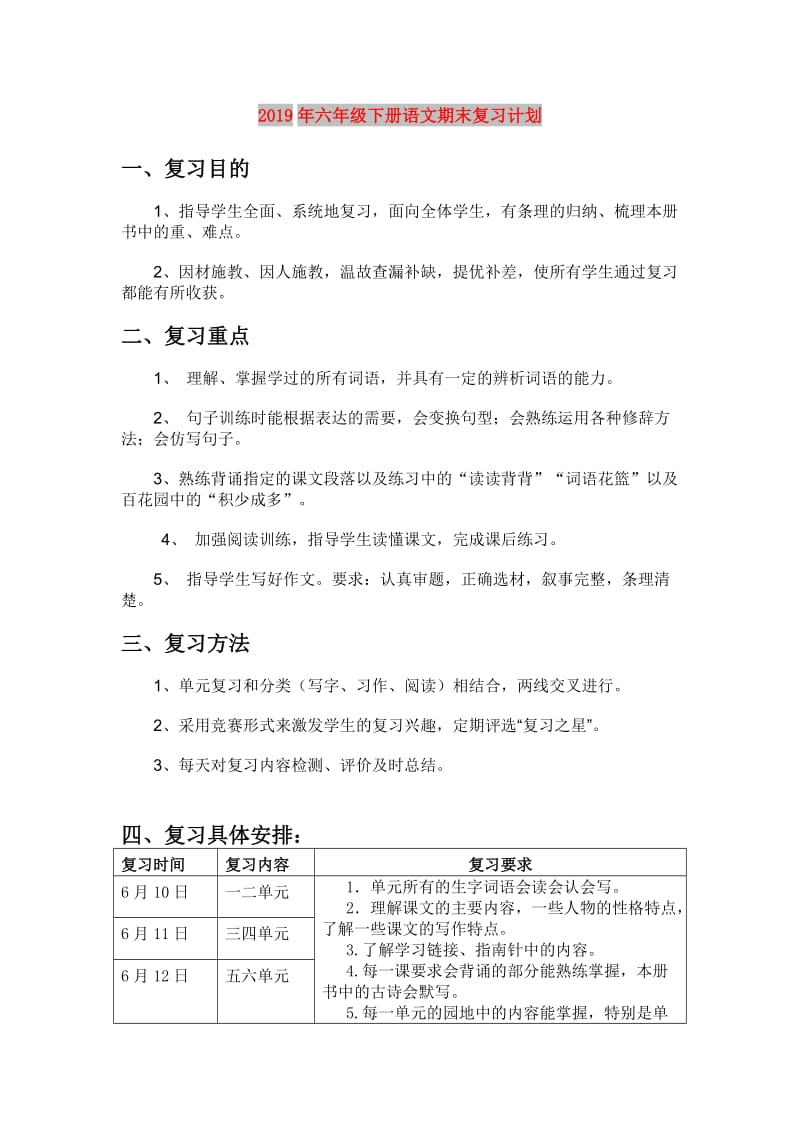 2019年六年级下册语文期末复习计划.doc_第1页