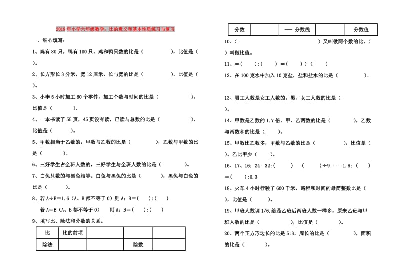 2019年小学六年级数学：比的意义和基本性质练习与复习.doc_第1页