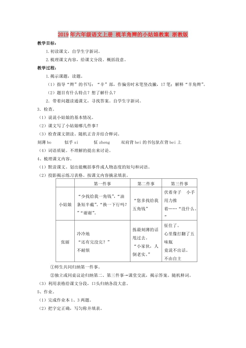 2019年六年级语文上册 梳羊角辫的小姑娘教案 浙教版.doc_第1页