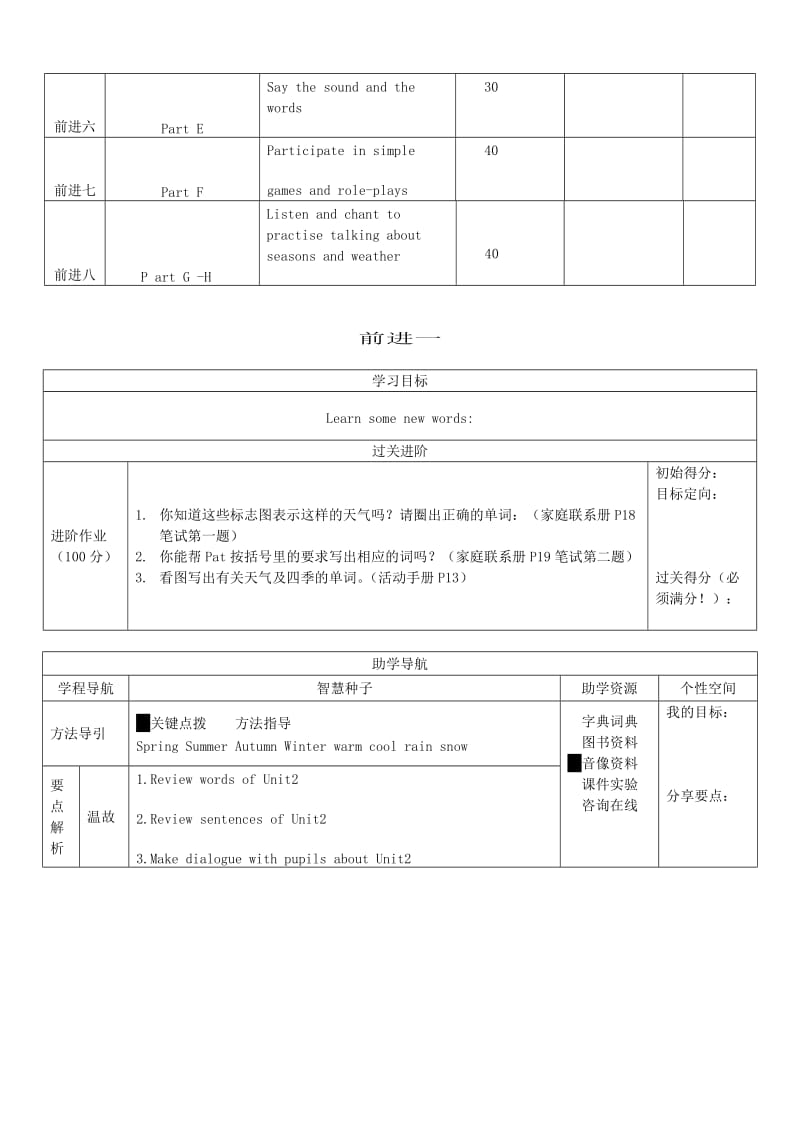 2019年四年级英语下册 Unit 3 Seasons 学案 深港版.doc_第2页