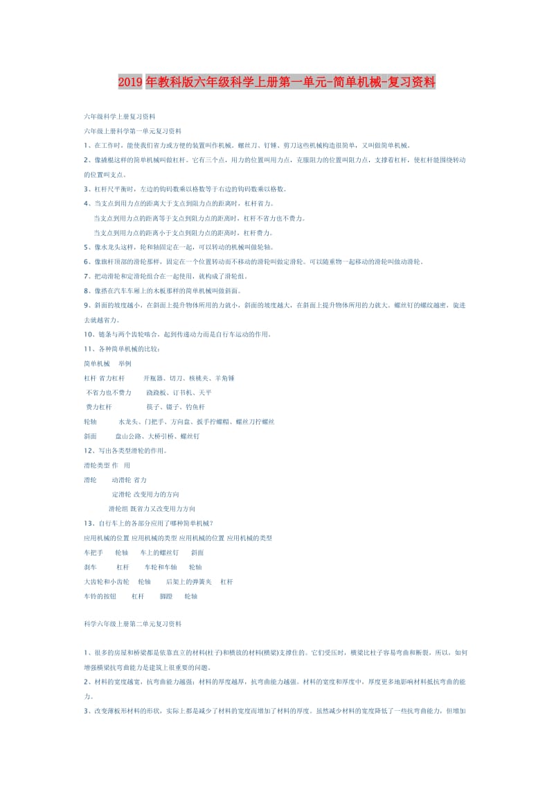 2019年教科版六年级科学上册第一单元-简单机械-复习资料.doc_第1页