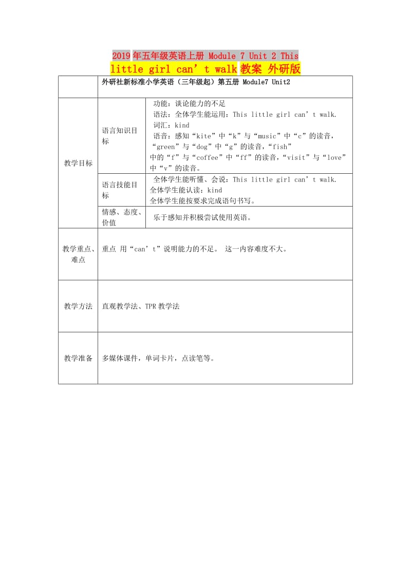 2019年五年级英语上册 Module 7 Unit 2 This little girl can’t walk教案 外研版.doc_第1页