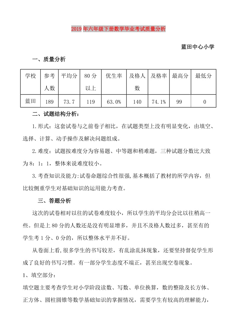 2019年六年级下册数学毕业考试质量分析.doc_第1页