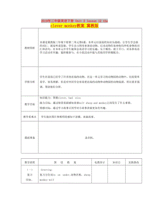 2019年三年級英語下冊 Unit 2 lesson 12 the clever monkey教案 冀教版.doc