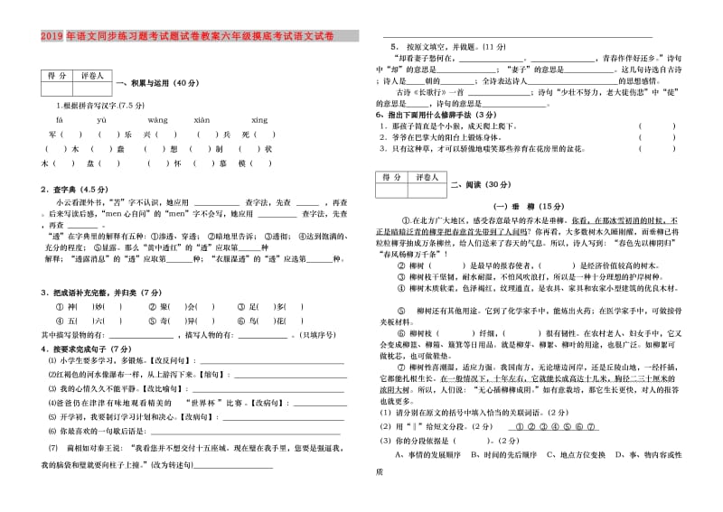 2019年语文同步练习题考试题试卷教案六年级摸底考试语文试卷.doc_第1页