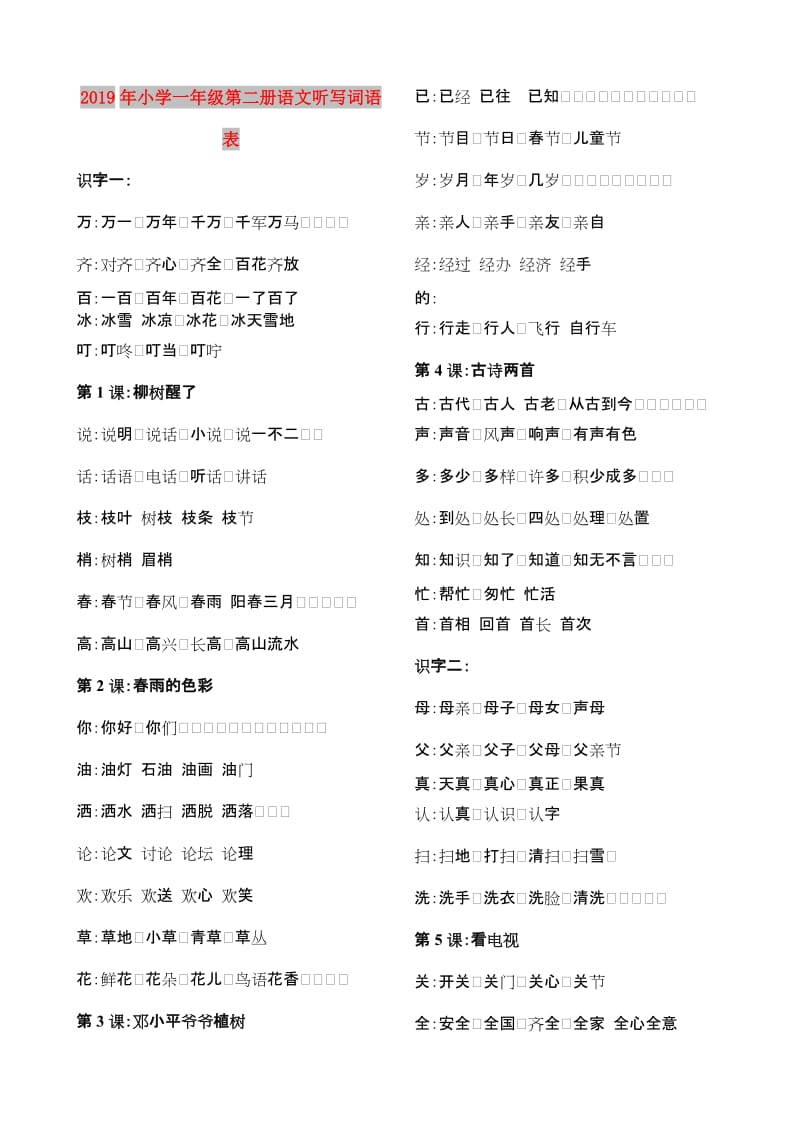 2019年小学一年级第二册语文听写词语表.doc_第1页