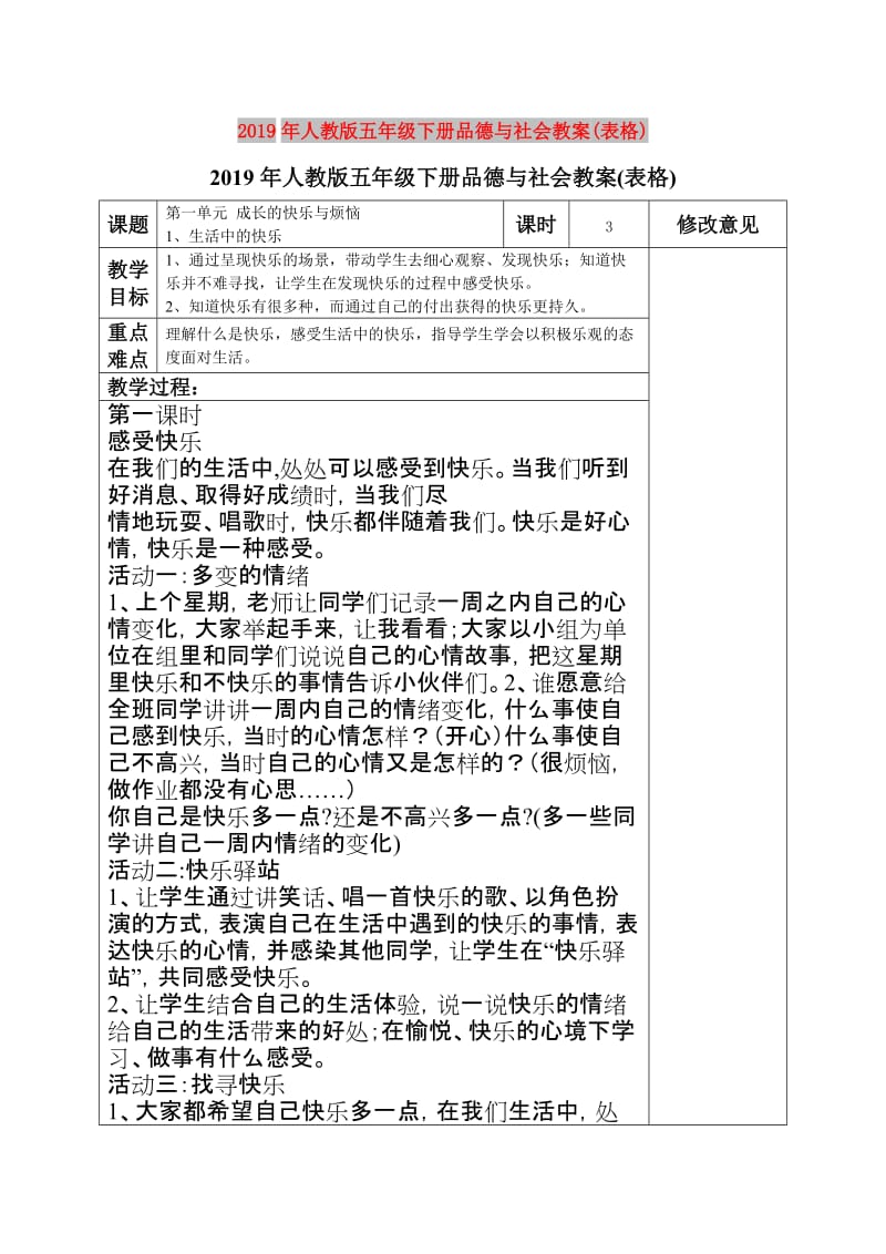 2019年人教版五年级下册品德与社会教案(表格).doc_第1页