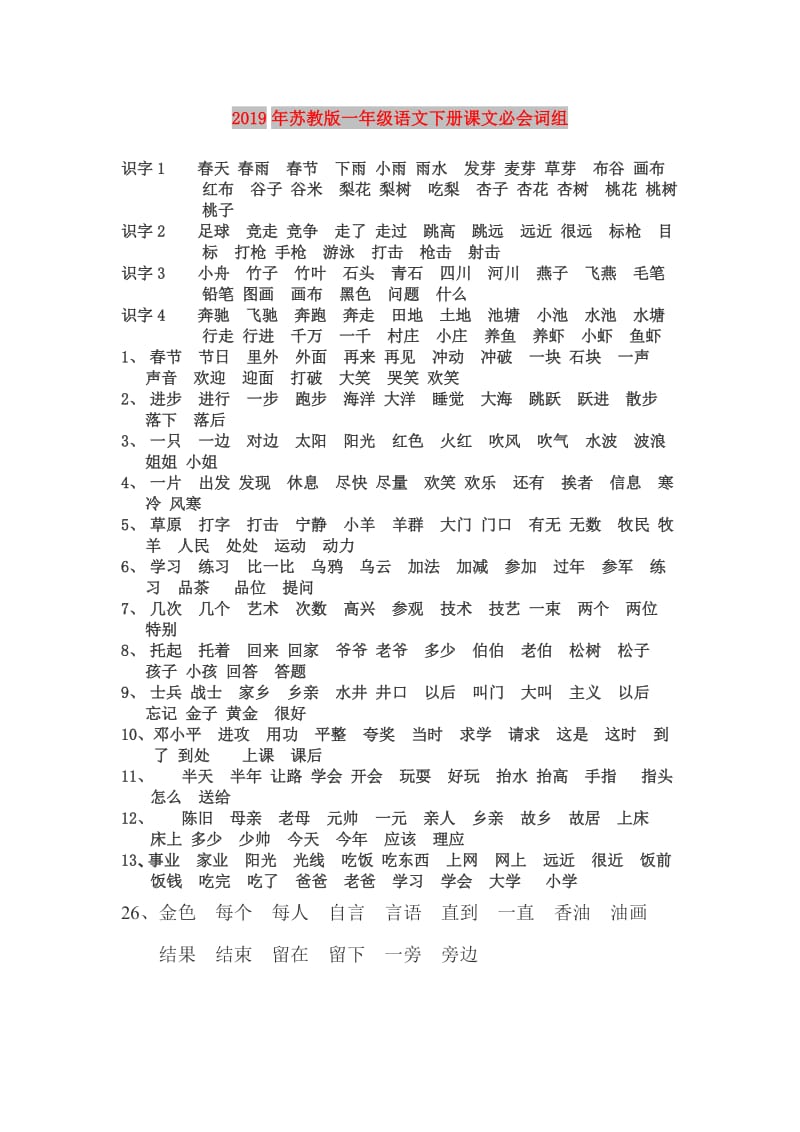 2019年苏教版一年级语文下册课文必会词组.doc_第1页