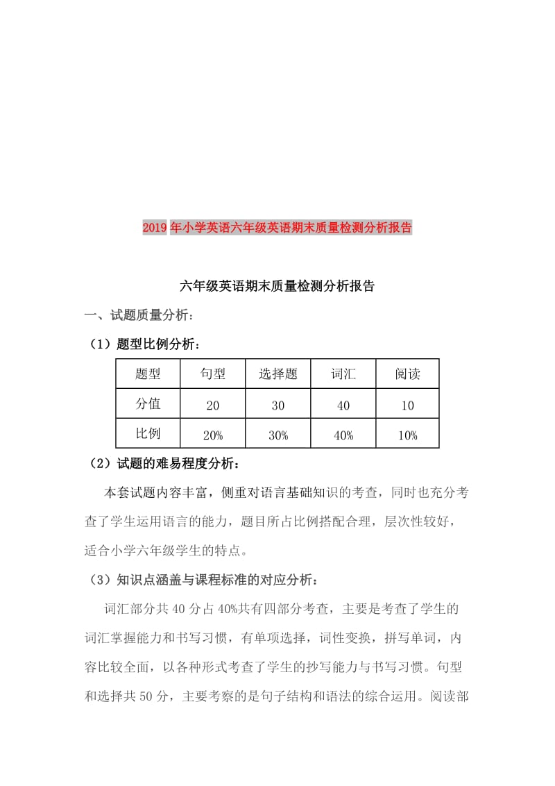 2019年小学英语六年级英语期末质量检测分析报告.doc_第1页