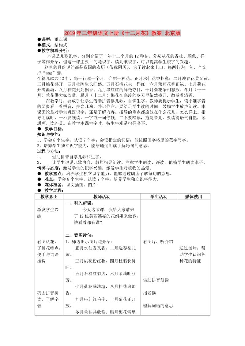 2019年二年级语文上册《十二月花》教案 北京版.doc_第1页