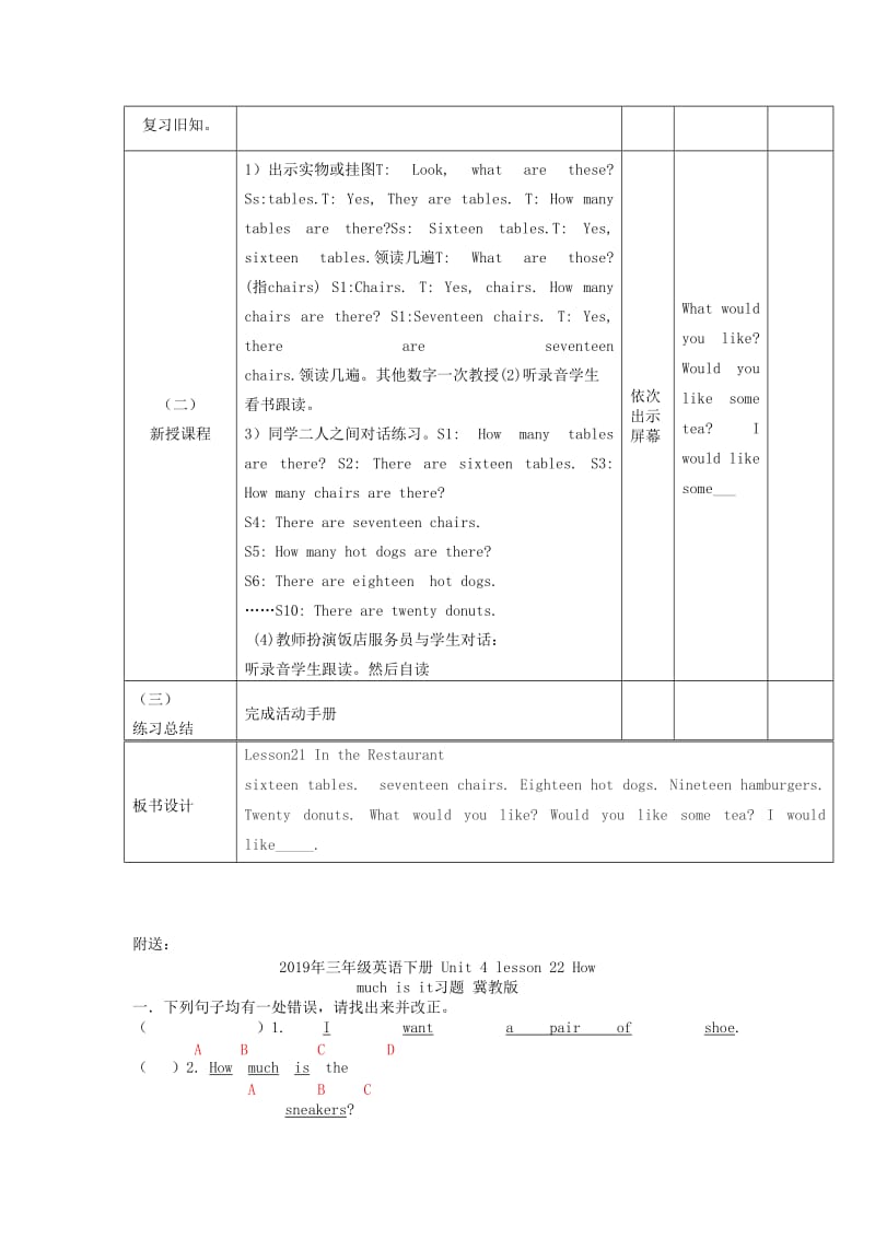 2019年三年级英语下册 Unit 4 lesson 21 In the restaurant教案 冀教版.doc_第2页