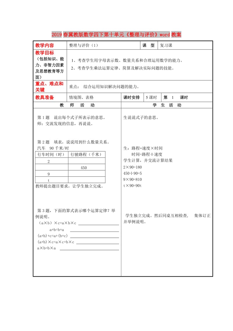 2019春冀教版数学四下第十单元《整理与评价》word教案.doc_第1页