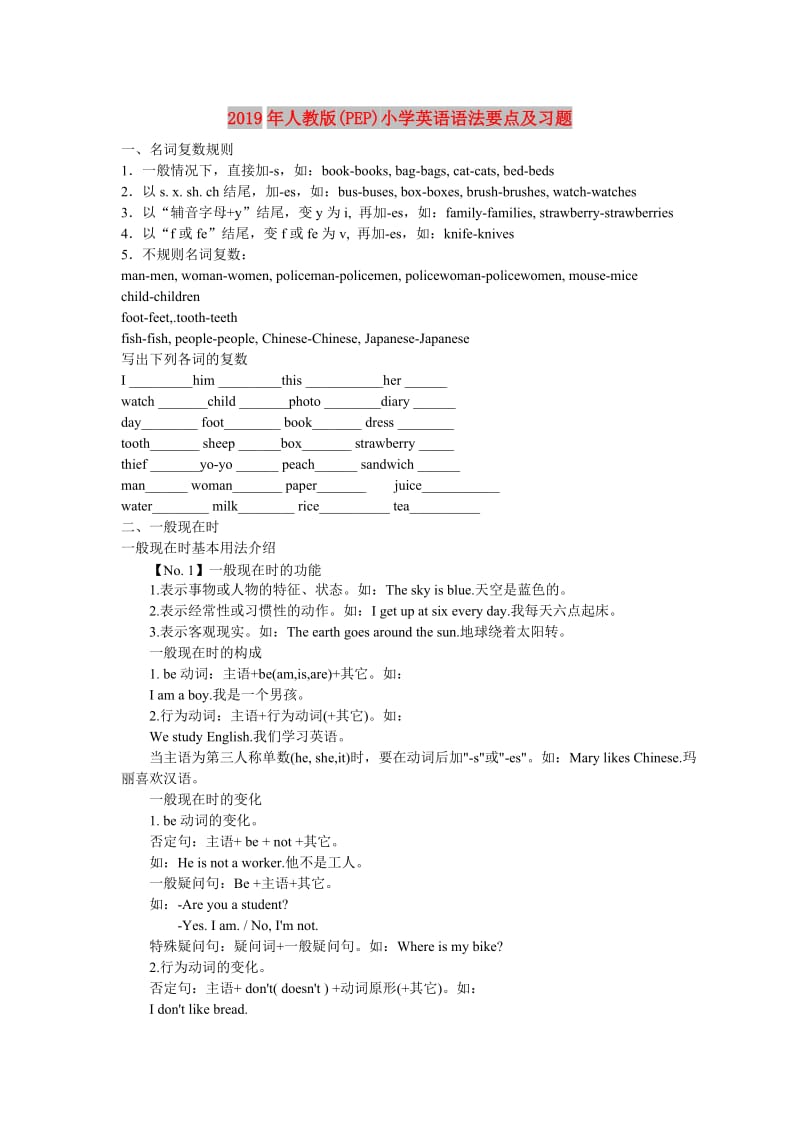 2019年人教版(PEP)小学英语语法要点及习题.doc_第1页