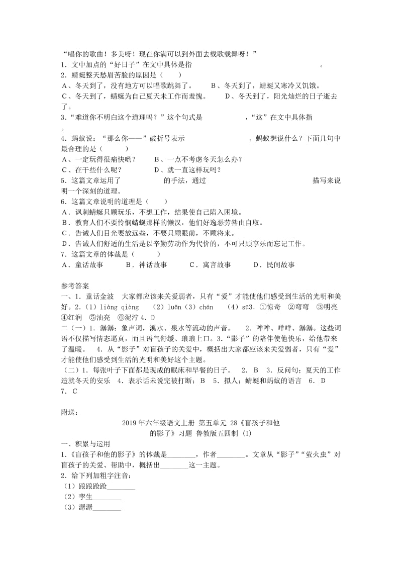 2019年六年级语文上册 第五单元 28《盲孩子和他的影子》习题 鲁教版五四制 (2).doc_第2页