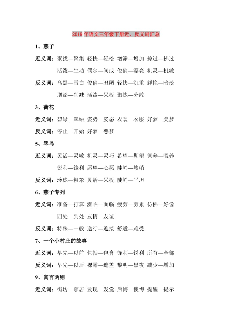 2019年语文三年级下册近、反义词汇总.doc_第1页