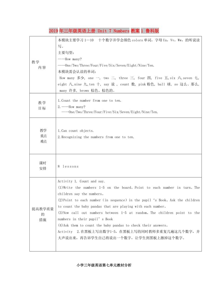 2019年三年级英语上册 Unit 7 Numbers教案1 鲁科版.doc_第1页